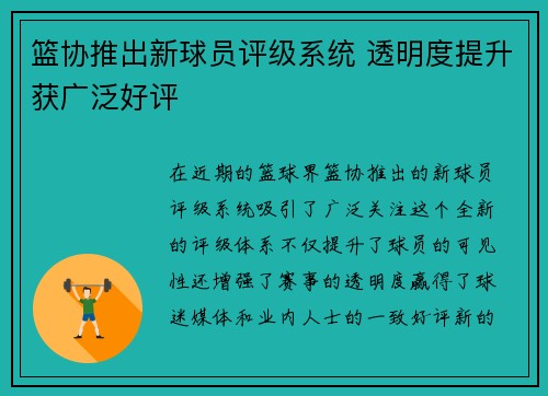 篮协推出新球员评级系统 透明度提升获广泛好评