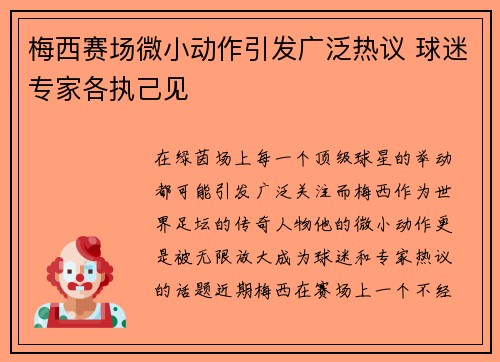 梅西赛场微小动作引发广泛热议 球迷专家各执己见
