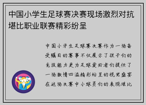 中国小学生足球赛决赛现场激烈对抗堪比职业联赛精彩纷呈